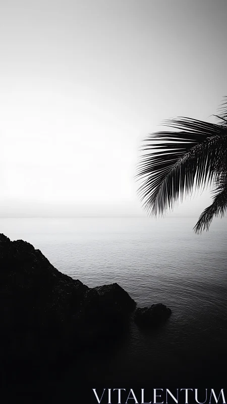 Black and white coastal scene with palm frond and rocks.