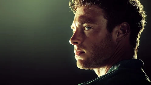 Moody sidelight portrait of focused young man in thought.