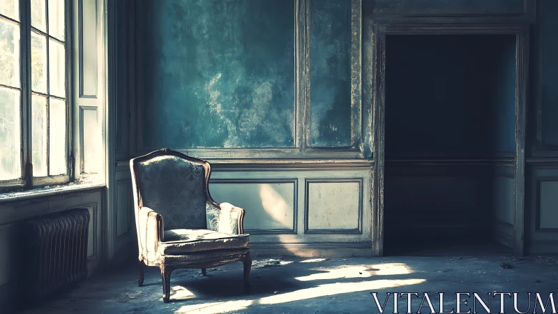 Soft sunlight on a forgotten vintage armchair in blue room.