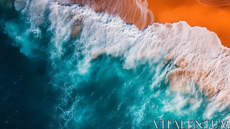 Aerial capture isolates turquoise surf against vivid orange shore