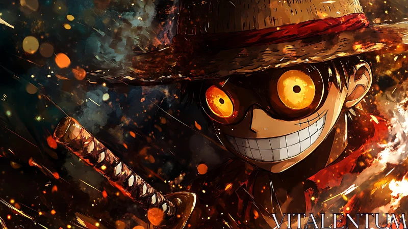 Fiery anime swordsman with straw hat in dynamic embers