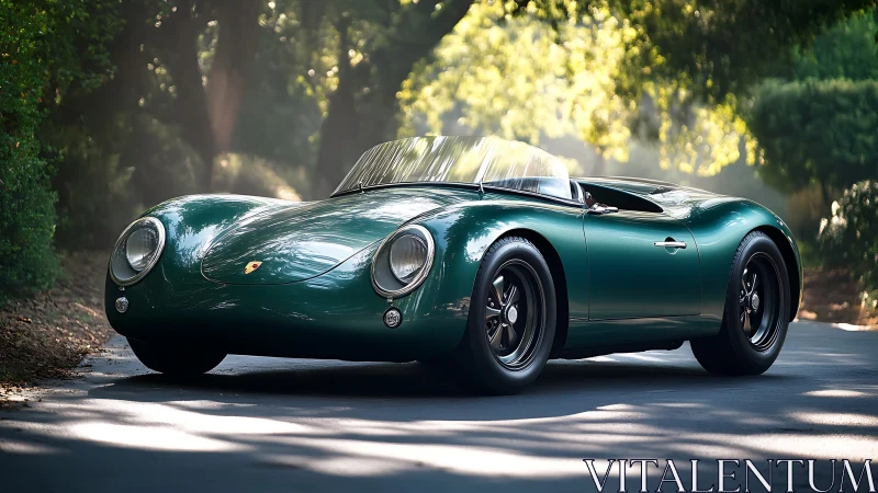 Classic green Porsche roadster gleams in sunlit forest lane.