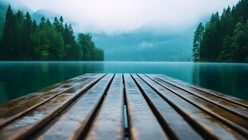 Rain-washed wooden pier reaching into mist-drenched emerald lake.