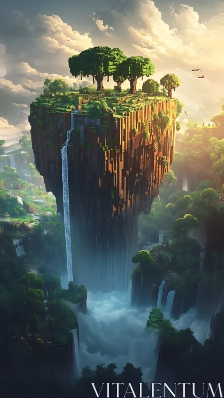 Digital painting of voxel floating island with waterfalls cascade.