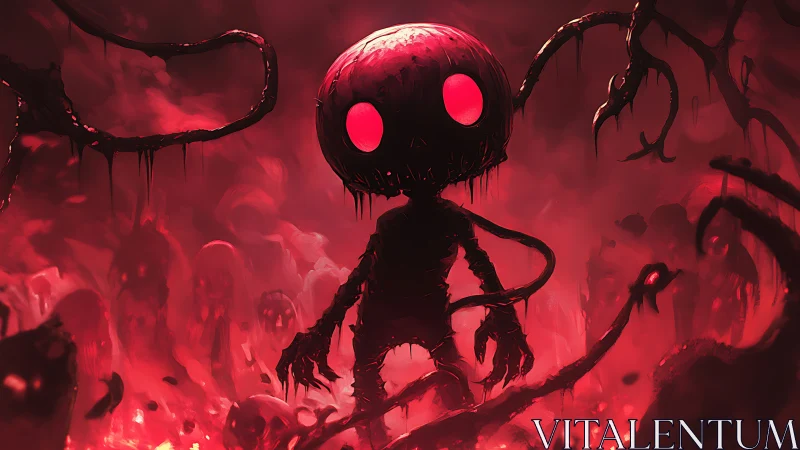 Glowing-eyed horror entity dominates crimson infernal void.