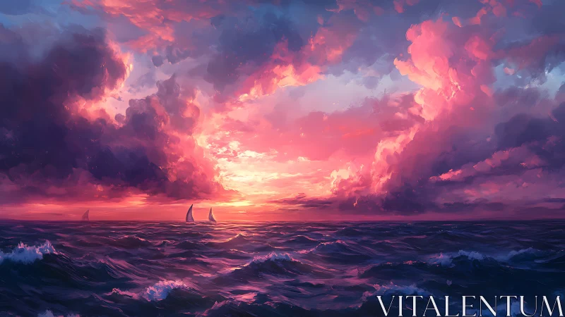 Sailing vessels cross crimson ocean under erupting sunset