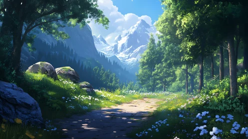 Alpine Valley Path Through Ancient Forest.
