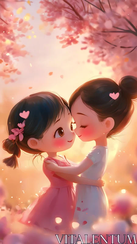 Two Characters Share Intimate Moment Under Falling Blossoms