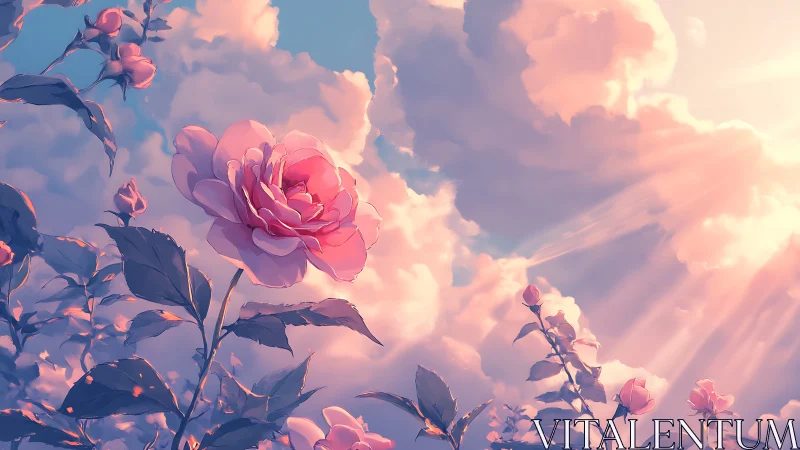 Sunlit pink rose blooms rise against glowing cloud sky
