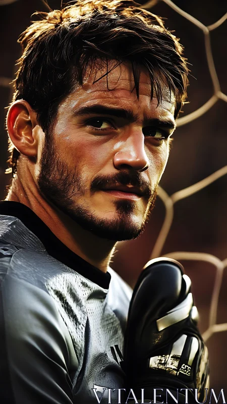 Thoughtful goalkeeper resting calmly beside the goal net.