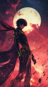 Moonlit guardian in sleek armor stands over a burning sky