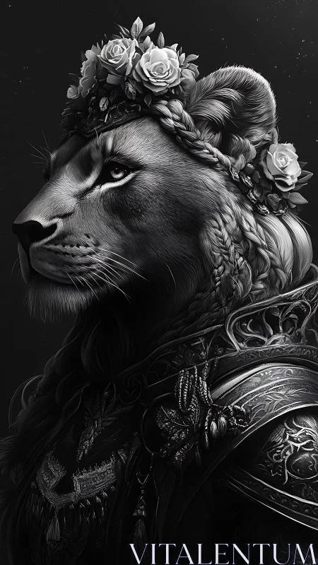 Regal lioness portrait wears braided crown and armor