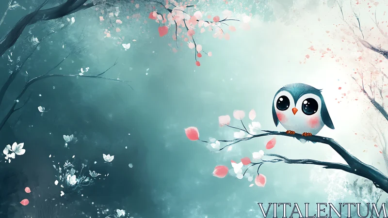 Cute big-eyed owl on blossoming branch, whimsical digital art.