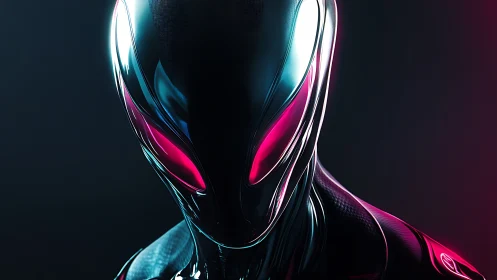Sleek futuristic alien android head with neon pink glow.