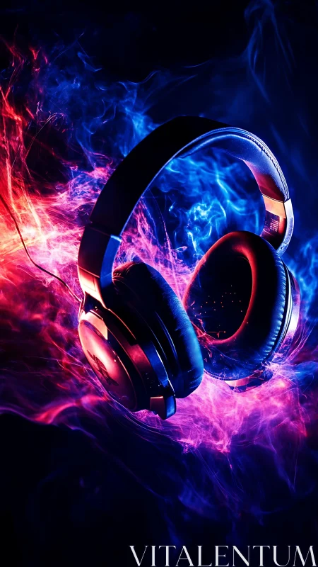 Glowing over ear headphones in neon red and blue light.
