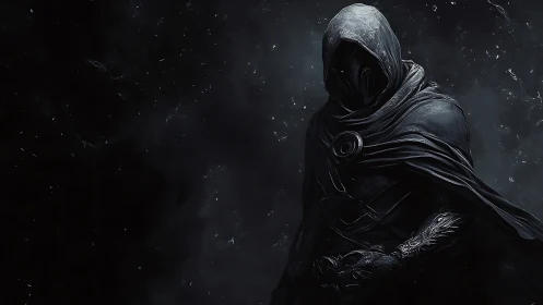 Hooded dark figure in armor against abstract void backdrop.
