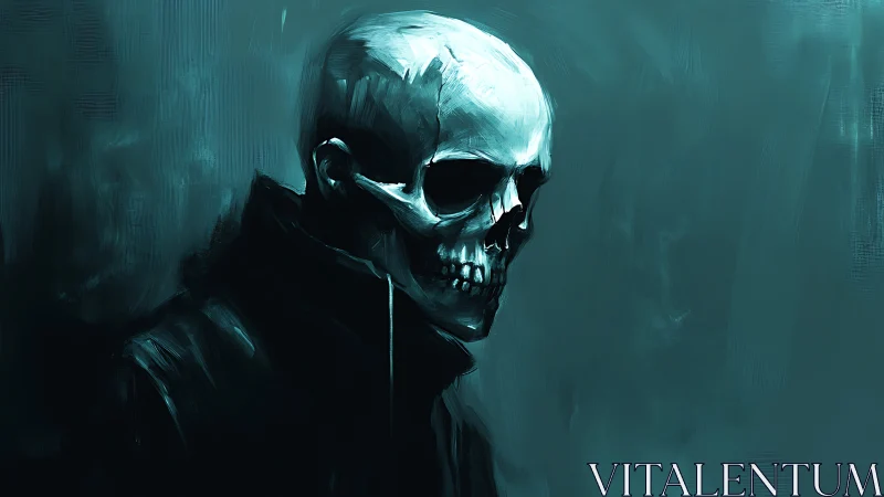 Monochrome teal skull portrait renders stark atmospheric tension