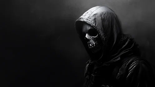 Hooded skull figure stands in dark, high-contrast lighting