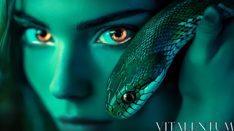 Bioluminescent teal portrait of woman with emerald serpent