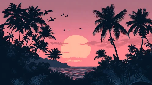 Tropical palm silhouettes framing pink coastal sunset.