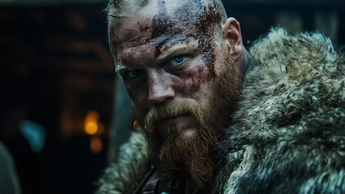 Bloodied Viking warrior stares forward with fierce resolve