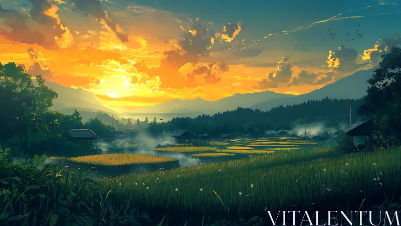 Sunset over rural rice fields with distant mountain range.