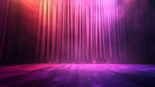 Closed pink stage curtain under dramatic spotlights.