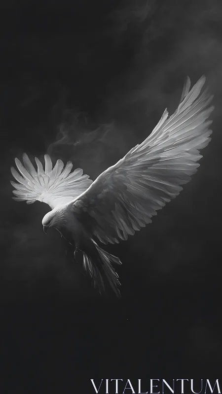 High contrast monochrome white dove in mid-flight against smoke