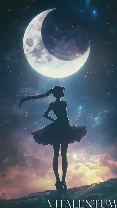 Moonlit dreamer twirls beneath a colossal crescent sky