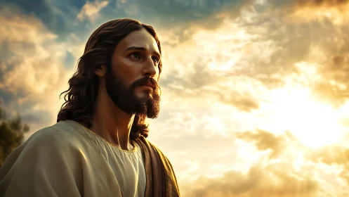 Sunlit prophet gazes beyond golden-cloud horizons.