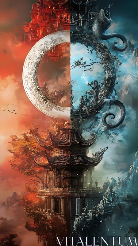 Yin yang sky temple split by elemental fantasy realms.