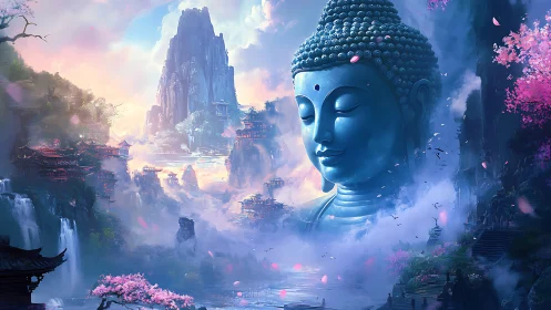 Colossal blue Buddha bust over misty waterfalls and pagodas