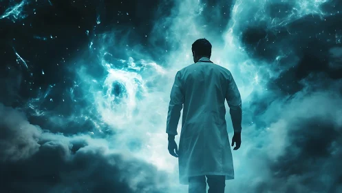 Cosmic Labcoat Voyager Gazing Into Turbulent Neon Nebulae.