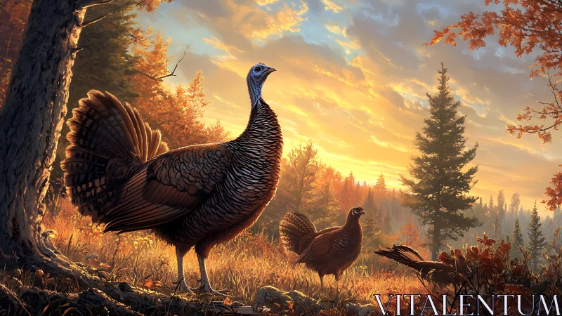 Golden autumn turkeys welcome sunrise in a glowing forest