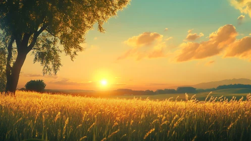 Golden meadow sunset casts warm light across rolling fields