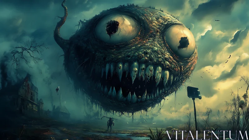 Grotesque floating monster looms over bleak wasteland sky