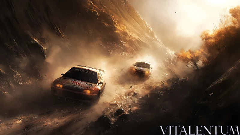 Dusty mountain rally racers charging through golden light.