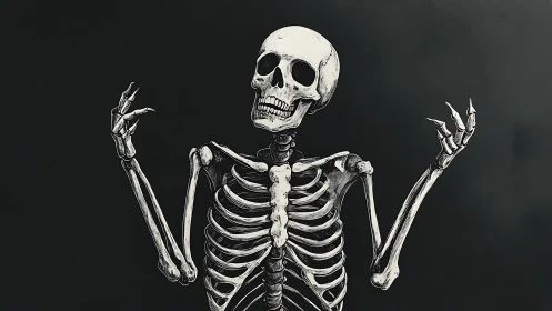 Cheerful skeleton strikes a playful pose in stark monochrome.