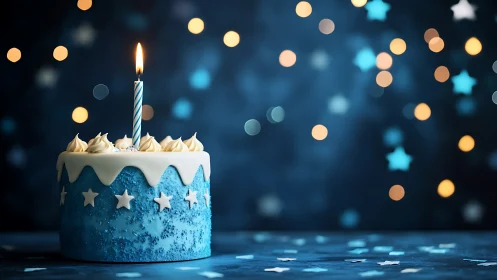Blue Birthday Cake With Lit Candle Against Bokeh.