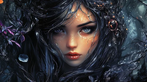 Moonlit water-sorceress gazes through tangled, liquid starlight