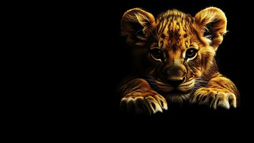 Gentle lion cub glows softly against a deep black background
