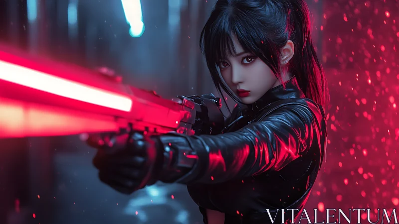 Woman in black tactical suit with red energy rifle poised.