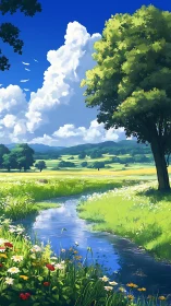 Sunlit river meadow under towering summer clouds.