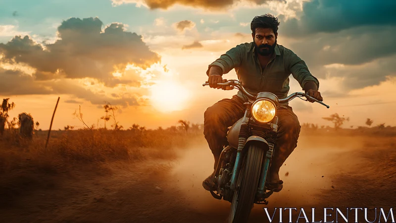 Rider powers motorcycle through dusty road at sunset.