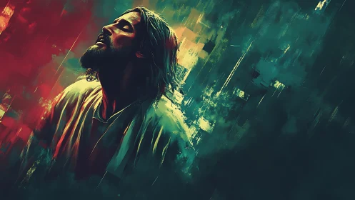 Bearded man tilts head upward amid abstract color streaks