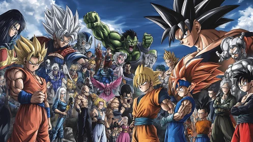 Large group of muscular anime fighters posed in battle-ready stances