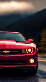 Red Chevrolet sports car on wet mountain highway at dusk.