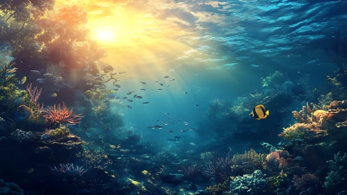 Sunlit coral reef with tropical fish in clear blue water.