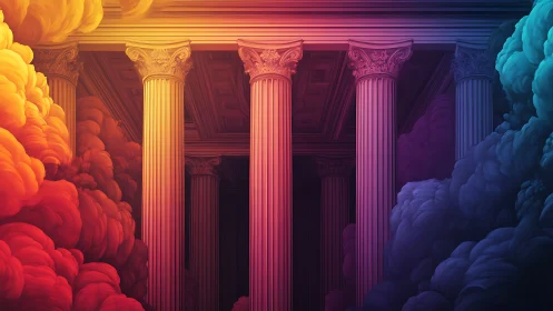 Neoclassical columns framed by vivid colored smoke clouds.