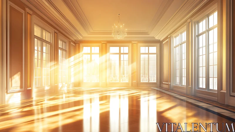 Golden morning light filling an elegant sunlit ballroom.